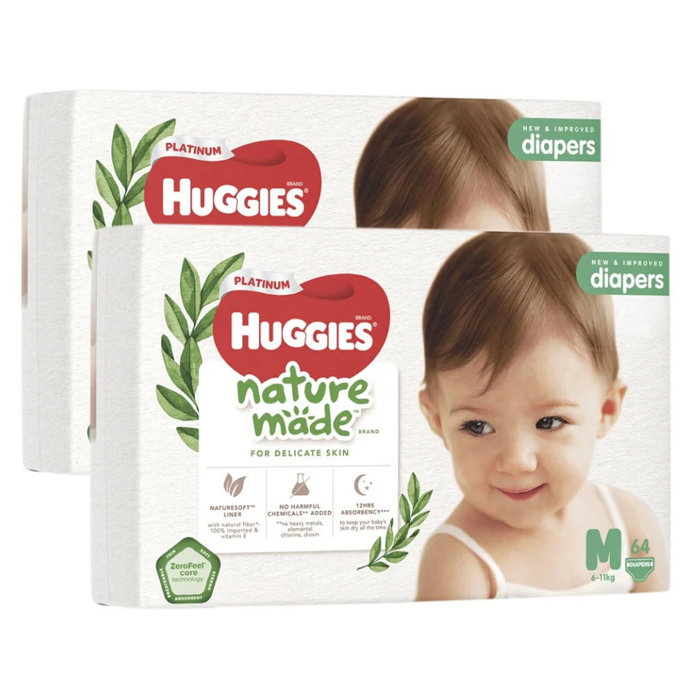 Combo 2 bỉm tã dán Huggies Platinum Nature Made size M 64 miếng (6-11kg)