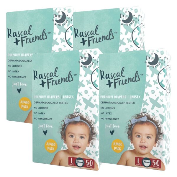 Combo 4 Tã dán sơ sinh Rascal + Friends (L, 10-15kg, 50 miếng)