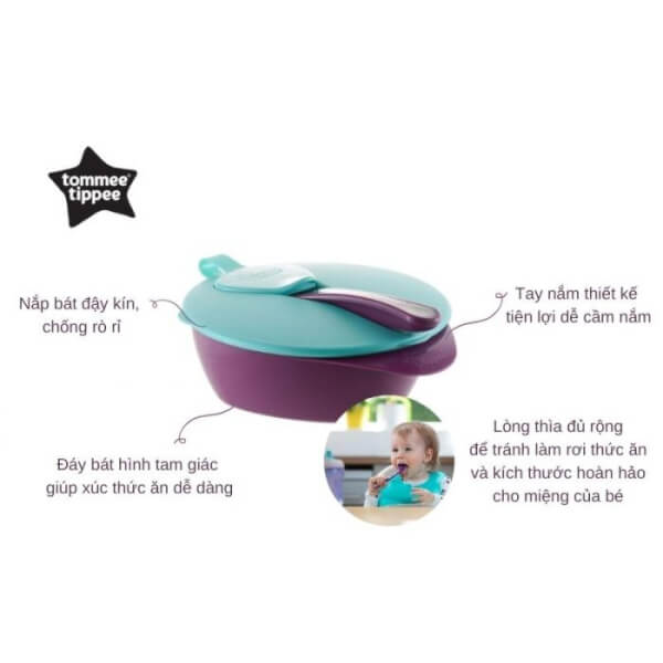 Bát ăn dặm có nắp kèm thìa cho bé Tommee Tippee Easy Scoop từ 7 tháng - tím