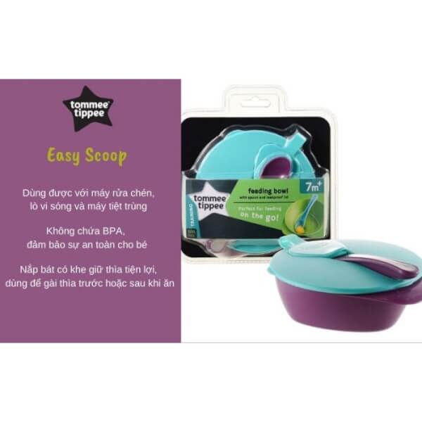 Bát ăn dặm có nắp kèm thìa cho bé Tommee Tippee Easy Scoop từ 7 tháng - tím