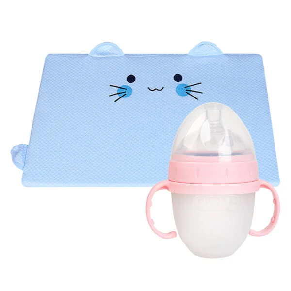 Combo 1 Gối memory foam chống trào ngược và cho bé bú ConCung Good (Xanh) và 1 Bình sữa silicone Gluck premium 150ml (Hồng)