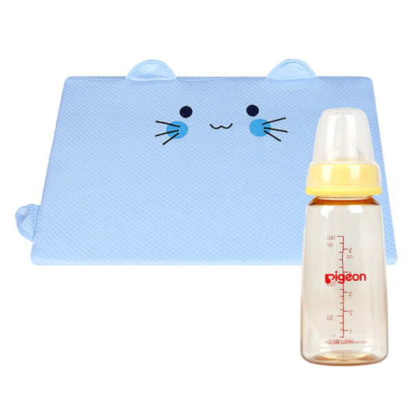 Combo 1 Gối memory foam chống trào ngược và cho bé bú ConCung Good (Xanh) và 1 Bình sữa Pigeon nhựa PPSU cổ hẹp 160ml (Vàng)