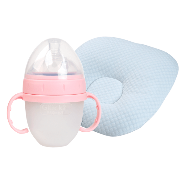 Combo 1 Đệm chống trào ngược cho bé Animo B2111_AR002 (Xanh,65x65x20cm) và 1 Bình sữa Gluck Baby Premium silicone có tay cầm cổ rộng 150ml (Hồng)