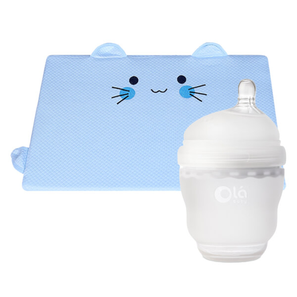 Combo 1 Gối memory foam chống trào ngược và cho bé bú ConCung Good (Xanh) và 1 Bình sữa Olababy 120ml (Trắng)