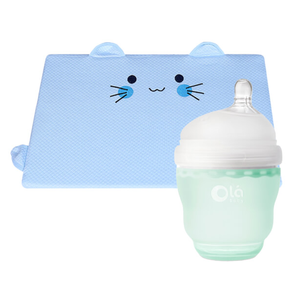 Combo 1 Gối memory foam chống trào ngược và cho bé bú ConCung Good (Xanh) và 1 Bình sữa Olababy 120ml (Xanh lá)