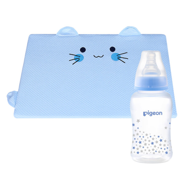 Combo 1 Gối memory foam chống trào ngược và cho bé bú ConCung Good (Xanh) và 1 Bình sữa Pigeon Streamline (Xanh,150ml)
