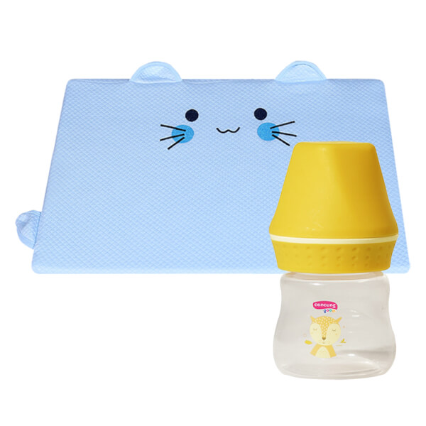 Combo 1 Gối memory foam chống trào ngược và cho bé bú ConCung Good (Xanh) và 1 Bình sữa ConCung Good cổ thường 60ml (Vàng)