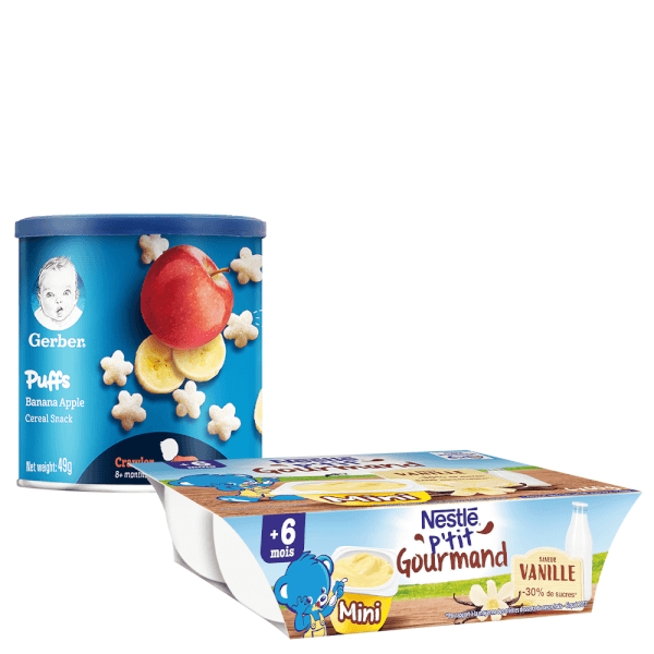 Combo 1 Váng sữa Nestlé P'tit Gourmand vị Vani và 1 Thực phẩm bổ sung Bánh ăn dặm Gerber vị Chuối Táo (49gr)