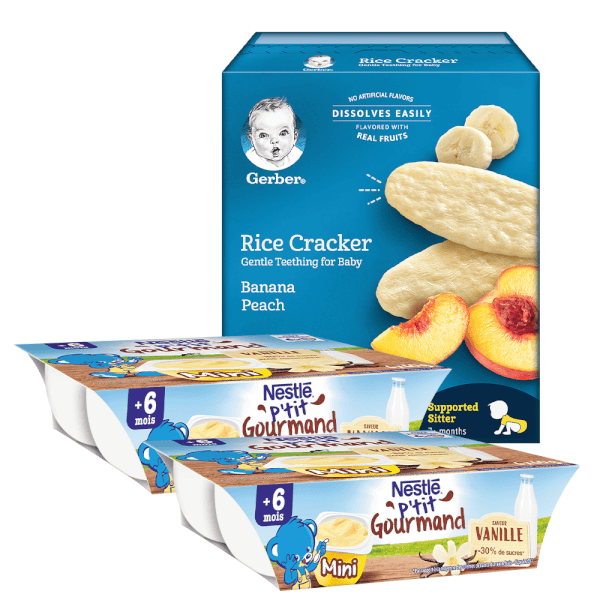Combo 2 Váng sữa Nestlé P'tit Gourmand vị Vani và 1 Thực Phẩm Bổ Sung Bánh gạo Gerber vị Chuối Đào