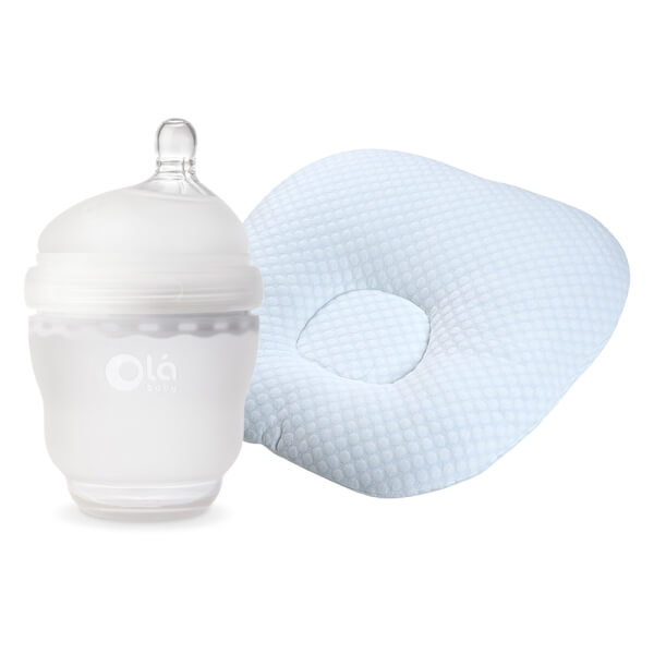 Combo 1 Đệm chống trào ngược cho bé Animo B2111_AR002 (Xanh,65x65x20cm) và 1 Bình sữa Olababy silicone cổ rộng 120ml (Trắng)