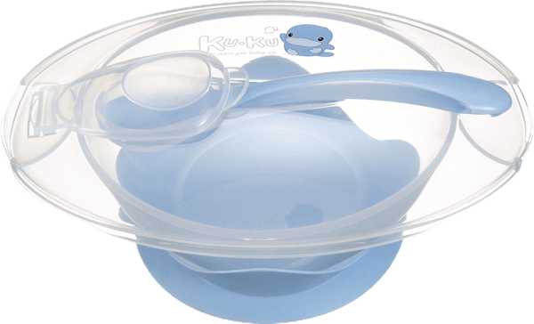 Bộ chén ăn kèm thìa KuKu có đế dính (Xanh )