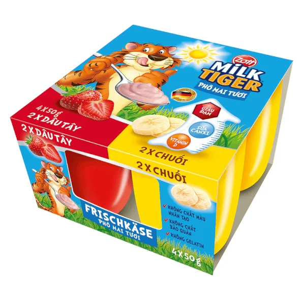 Phô mai tươi Milk Tiger hương Dâu - Chuối 4x50g