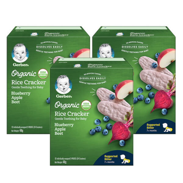 Combo 3 Thực phẩm bổ sung Bánh gạo hữu cơ Gerber Organic vị Việt quất Táo Củ dền