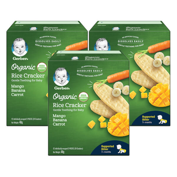 Combo 3 Thực phẩm bổ sung Bánh gạo hữu cơ Gerber Organic vị Xoài Chuối Cà rốt