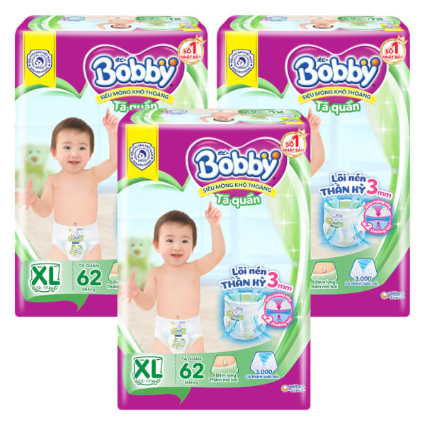 Combo 3 gói Bỉm tã quần Bobby size XL 62 miếng (12-17kg)