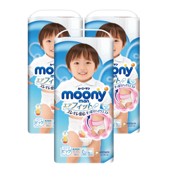 Combo 3 gói Bỉm tã quần Moony bé trai size XL 38 miếng (12-22kg)