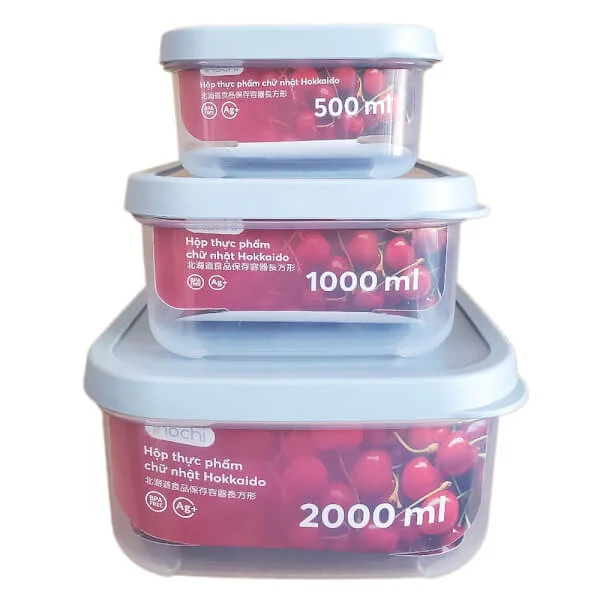 Bộ 3 hộp thực phẩm chữ nhật Hokkaido 500, 1000, 2000ml (INC)