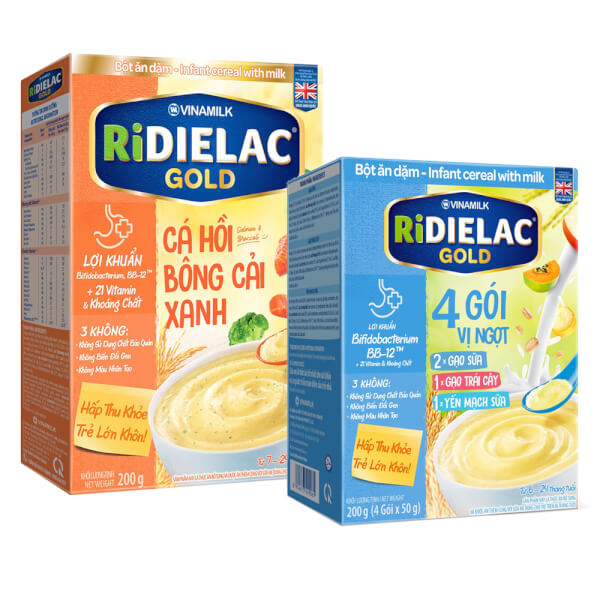 Combo 1 RIDIELAC GOLD Cá hồi bông cải xanh HG 200g và 1 RIDIELAC GOLD 4 gói (3 Vị Ngọt) HG 200g