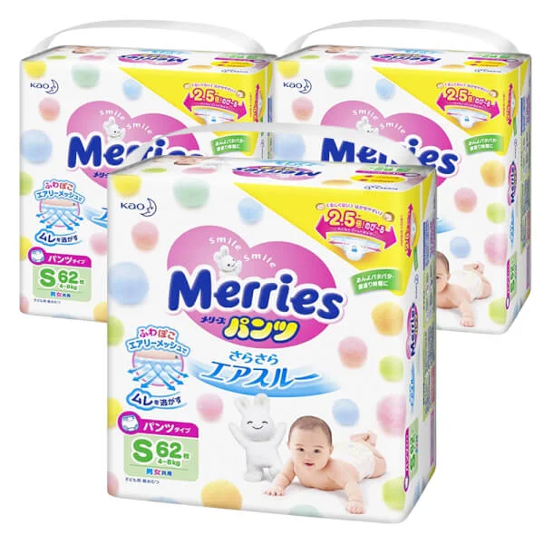 Combo 3 Tã quần Merries (S, 4 - 8 kg, 62 miếng)