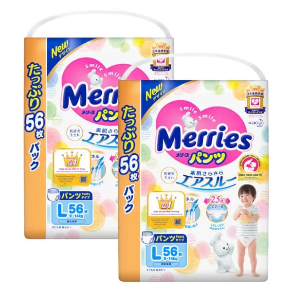 Combo 2 Tã quần Merries Ultra Jumbo (L, 9-14kg, 56 miếng)