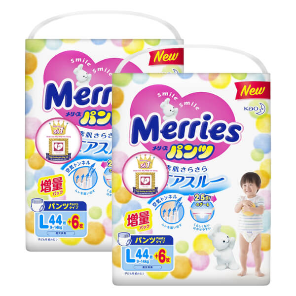 Combo 2 Bỉm tã quần Merries size L 44 + 6 miếng (9-14kg)