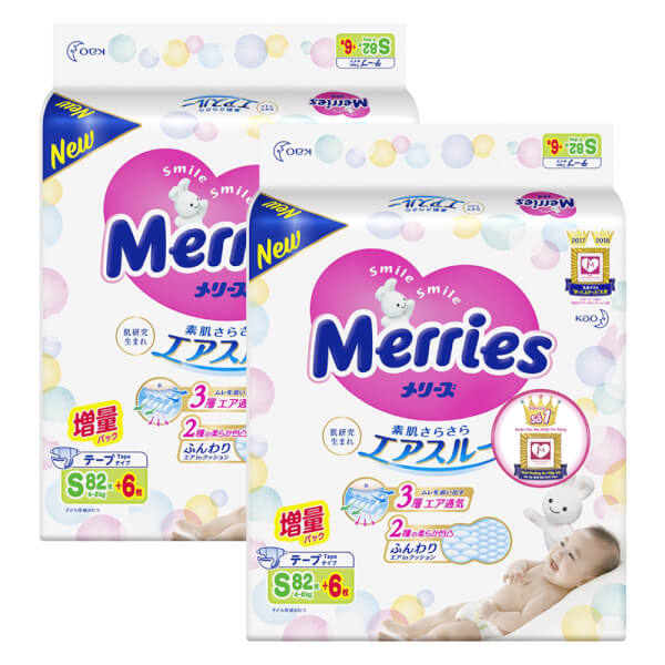 Combo 2 Bỉm tã dán Merries size S 82 + 6 miếng (4-8kg)