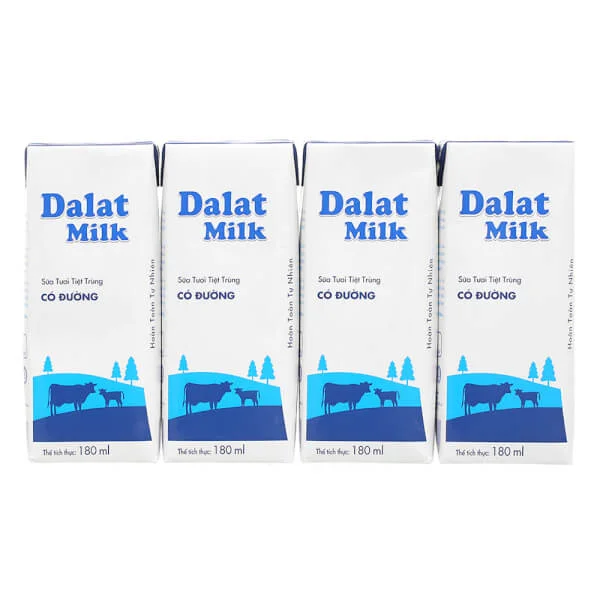 Sữa tươi tiệt trùng Dalat Milk có đường 180ml (lốc 4 hộp)