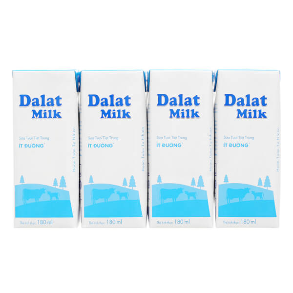 Sữa tươi tiệt trùng Dalat Milk ít đường 180ml (lốc 4 hộp)