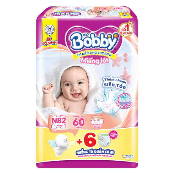 Miếng lót Bobby Fresh (Newborn 2, 4-7kg, 60 miếng) + 6 miếng Tã quần cỡ M