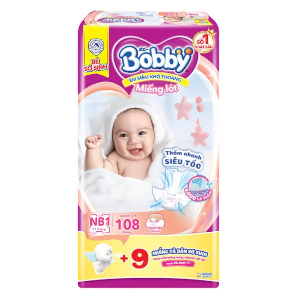 Miếng lót Bobby fresh (Newborn 1, dưới 5 kg, 108 miếng) + 9 miếng Tã dán Bobby cỡ XS