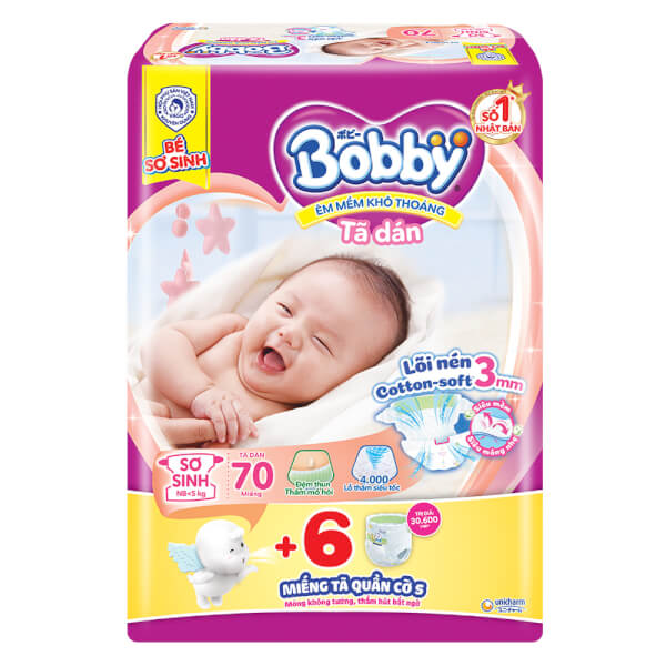 Tã dán Bobby siêu thấm - khô thoáng (Sơ sinh, dưới 5kg, 70 miếng) + 6 miếng Tã dán Bobby cỡ S