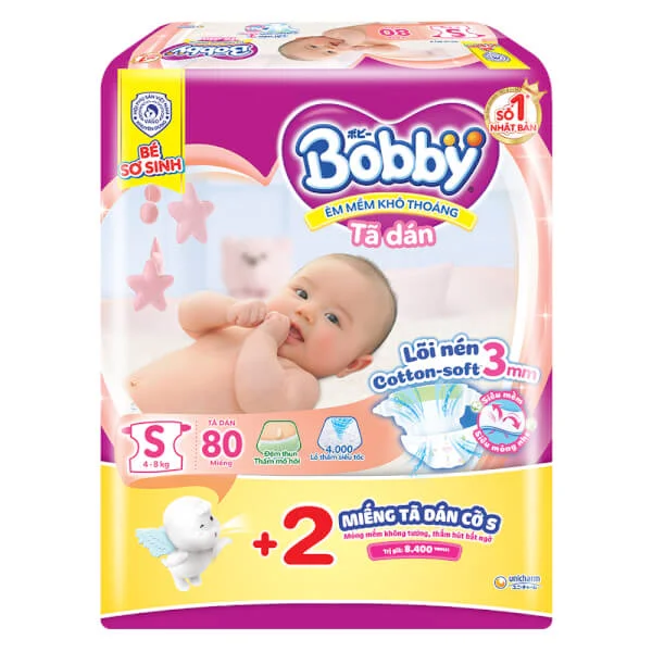 Bỉm tã dán Bobby siêu thấm - khô thoáng  (S, 4-8kg, 80 miếng) + 2 miếng Tã dán Bobby cỡ S
