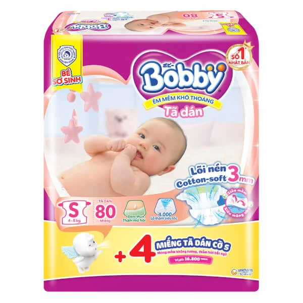 Bỉm tã dán Bobby siêu thấm - khô thoáng  (S, 4-8kg, 80 miếng) + 4 miếng Tã dán Bobby cỡ S