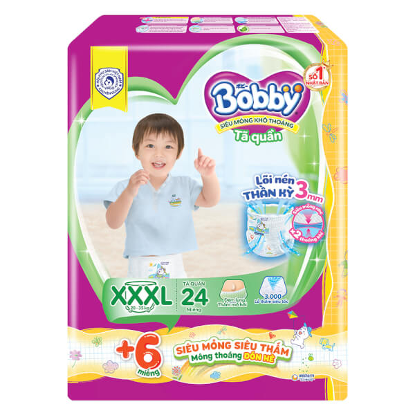 Tã quần Bobby size XXXL, 24 miếng + 6 miếng