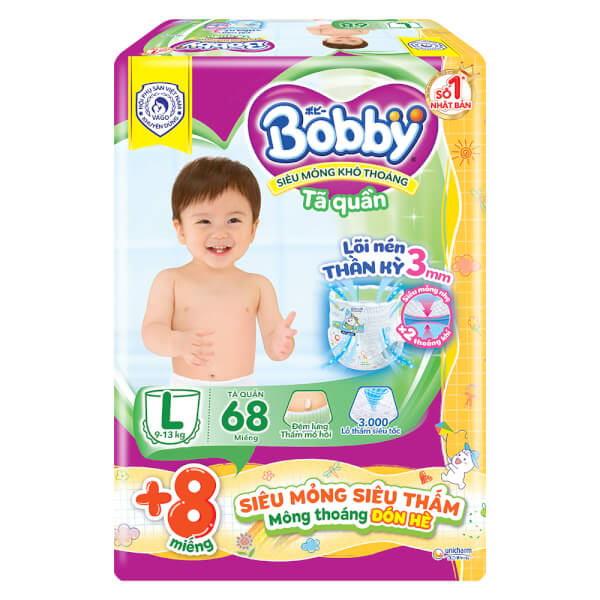 Combo 4 Tã Quần Bobby L 68 miếng + 8 miếng