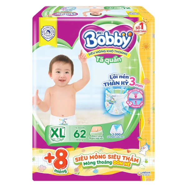 Combo 4 Tã quần Bobby size XL, 62 miếng + 8 miếng