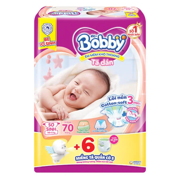 Combo 2 Tã dán Bobby siêu thấm - khô thoáng (Sơ sinh, dưới 5kg, 70 miếng) + 6 miếng Tã dán Bobby cỡ S
