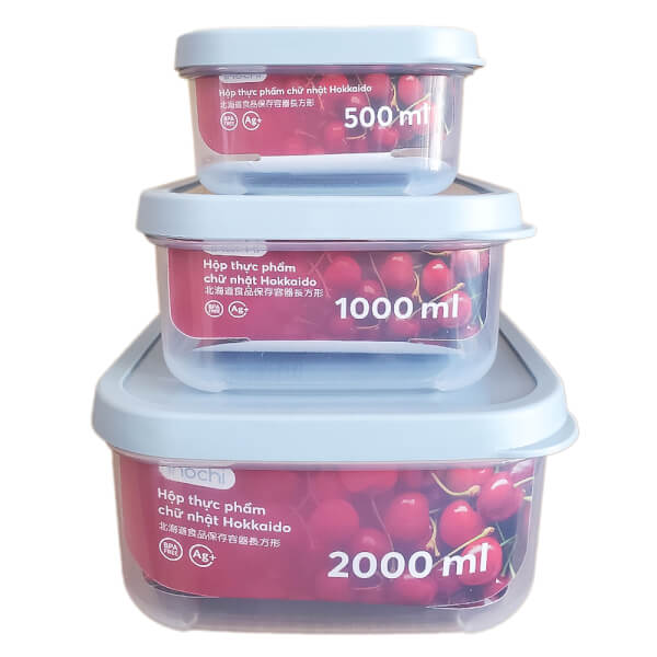 Combo 2 Bộ 3 hộp thực phẩm chữ nhật Hokkaido 500, 1000, 2000ml (INC)