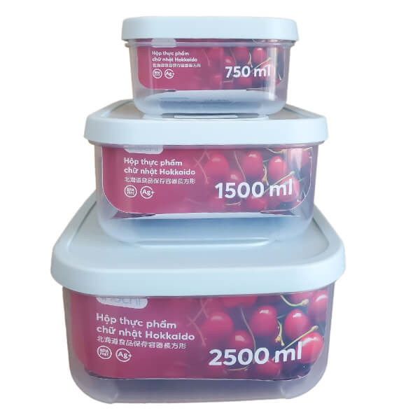 Combo 2 Bộ hộp thực phẩm chữ nhật Hokkaido 750, 1500, 2500ml (INC)