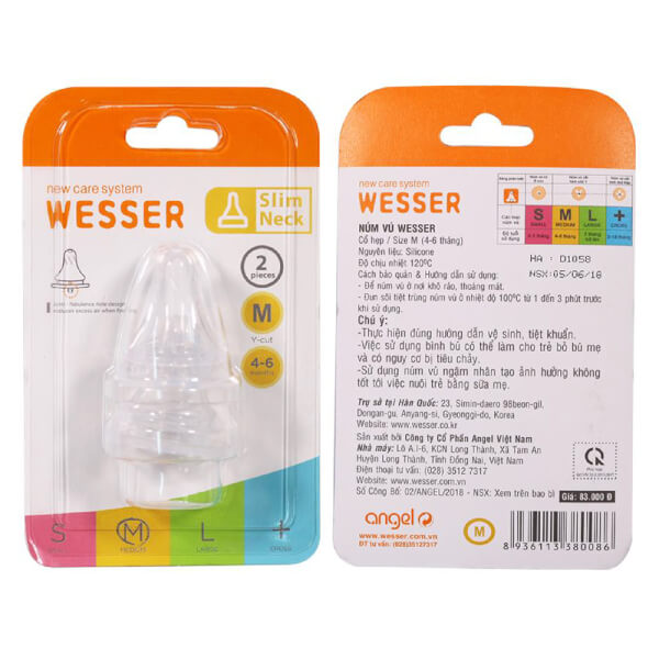 Vỉ 2 núm ty Wesser silicone cổ hẹp size M