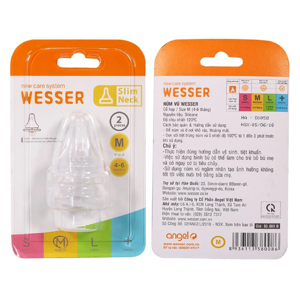 Vỉ 2 núm ty Wesser silicone cổ hẹp size M