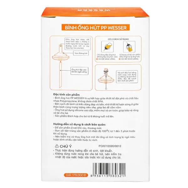 Bình ống hút Wesser nhựa PP BPA Free cổ rộng 260ml