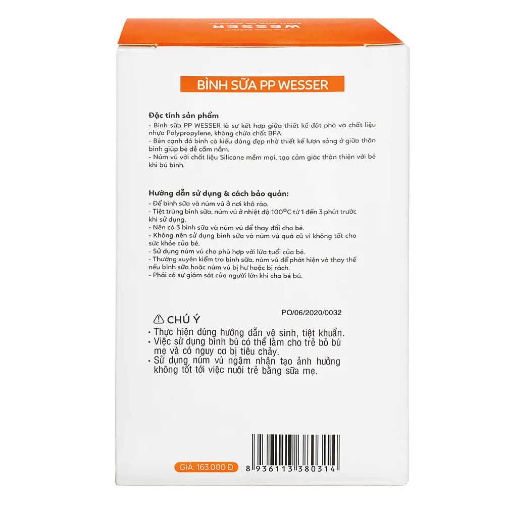 Bình sữa Wesser nhựa PP BPA Free cổ rộng 260ml