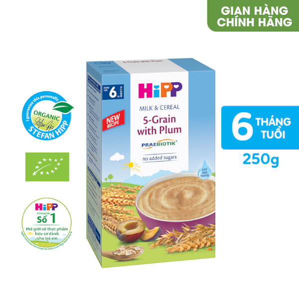 Sản phẩm dinh dưỡng Hipp (Bột sữa ngũ cốc dinh dưỡng tổng hợp, mận tây) dành cho trẻ từ 6 tháng tuổi