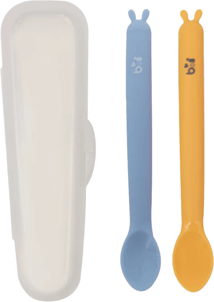 Bộ 2 muỗng silicone tai thỏ Baby&I Hàn Quốc (xanh + vàng)