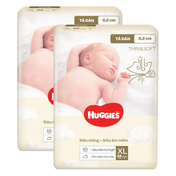 Combo 2 Tã dán Huggies Thin & Soft  (XL, 12-17kg, 42 miếng)