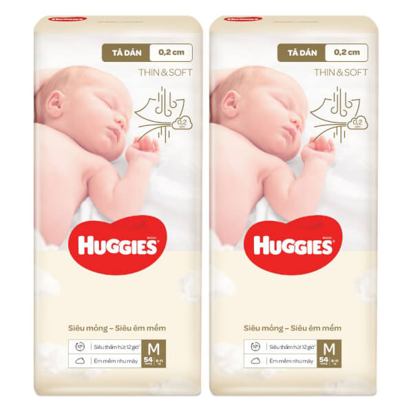 Combo 2 Tã dán Huggies Thin & Soft  (M, 6-11kg, 54 miếng)