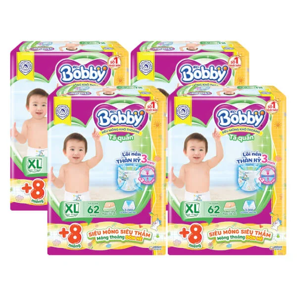 Combo 4 Tã quần Bobby size XL, 62 miếng + 8 miếng