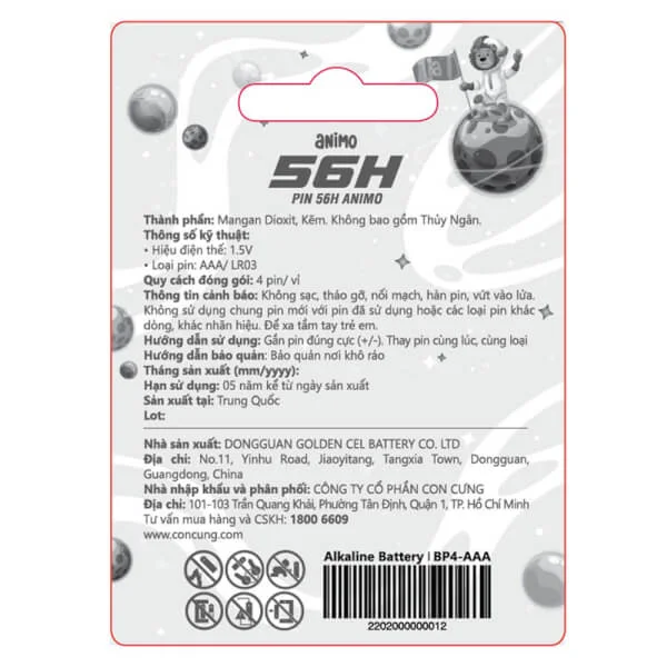 Vỉ 4 pin AAA 56h Animo (BP4-AAA)