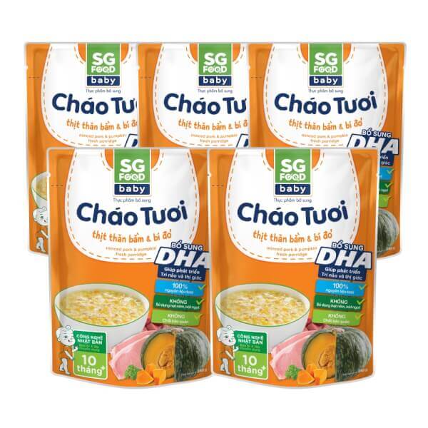 Combo 5 gói Cháo tươi Baby thịt thăn bằm bí đỏ, SG Food, 240g